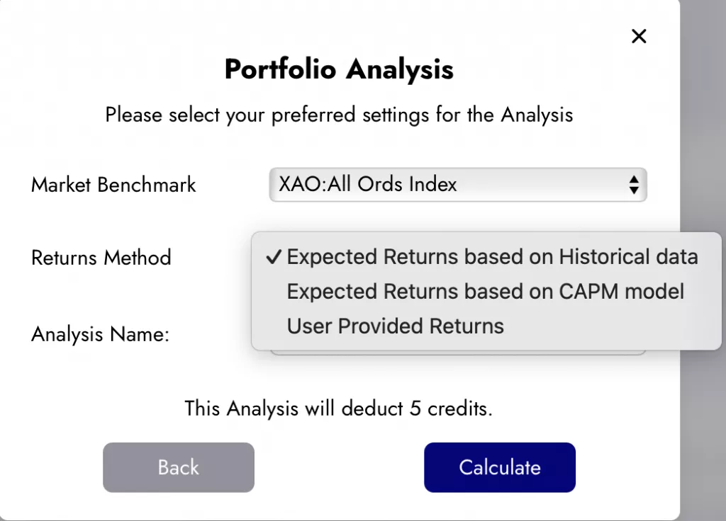 Example of preferred settings screen for Portfolio Analysis
